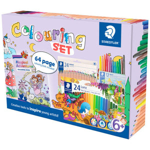 Staedtler Colouring SET box in lilac with Magical Adventures colouring book, 64 page colouring book included bubble, pencil and pen boxes and a 6+ mark