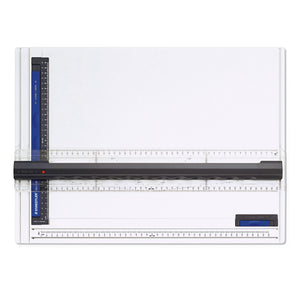 Staedtler Mars 661 A3 drawing board from above: white board with a dark grey parallel drafting arm, a blue vertical scale on the left and a blue clamping strip at the lower right