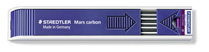 Staedtler Mars carbon 200-2B lead tray side view, blue case printed Made in Germany with a purple 2B end label