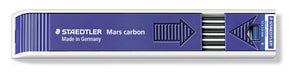 Staedtler Mars carbon 200-B tray from the side, navy plastic case with Made in Germany text and a blue B label