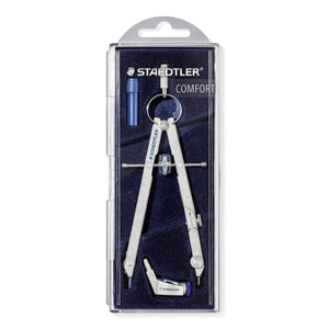 Staedtler Mars comfort 551 01 in its clear hinged case on a navy card marked COMFORT: silver masterbow compass with centre wheel and a blue spares box