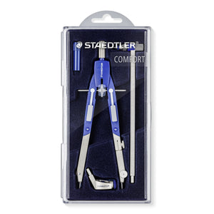 Staedtler Mars comfort 552 02 case with a hinged clear lid, holding the blue and silver compass, extension bar, lead part and blue spares box