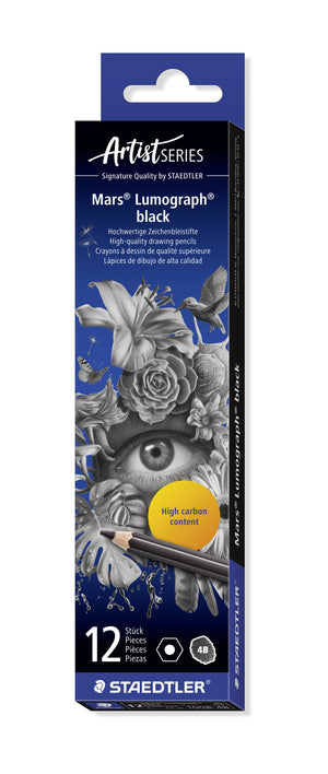 Staedtler Artist Series box for Mars Lumograph black 4B, twelve pencils, illustration of an eye among flowers and a High carbon content roundel