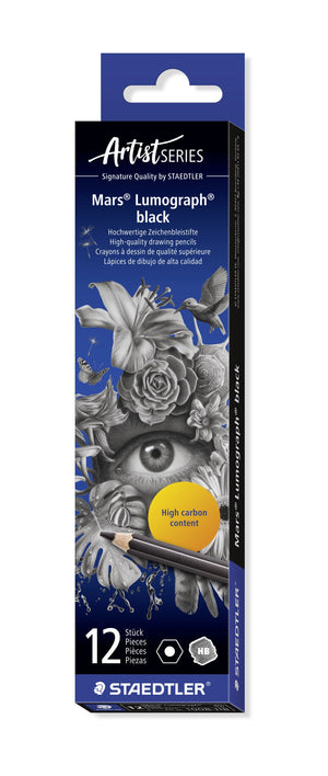 Staedtler Mars Lumograph black HB box of 12, Artist Series design with a drawn eye and flowers and an orange High carbon content roundel