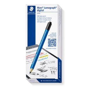 Staedtler Mars Lumograph digital jumbo box listing EMR stylus pencil, ergonomic triangular shape and soft digital eraser, with the blue stylus pictured on the front