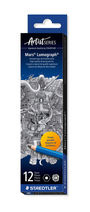 Current Staedtler Artist Series box of 12 Mars Lumograph 6B pencils, dark blue with a pencil-drawn cityscape, an orange roundel and the 6B swatch at the base