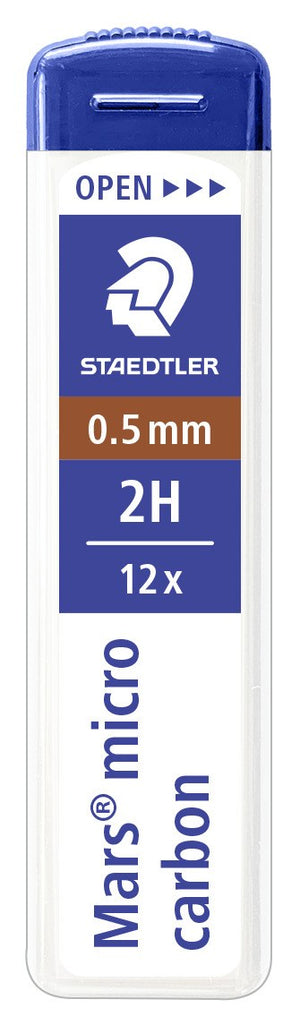 Current Staedtler Mars micro carbon tube standing upright, OPEN slider on the cap and label reading 0.5 mm 2H 12x