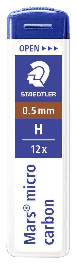 Staedtler Mars micro carbon tube in its current upright design, OPEN slider and red band marked 0.5 mm H and 12x