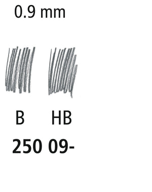Staedtler degree chart for 250 09 leads with swatches for B and HB at 0.9 mm