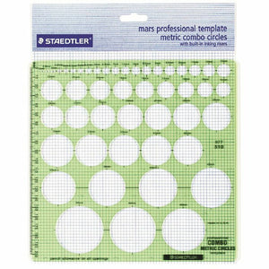 Staedtler Mars professional metric combo circles template 977 510 in its card header, green transparent sheet with rows of small and large circles