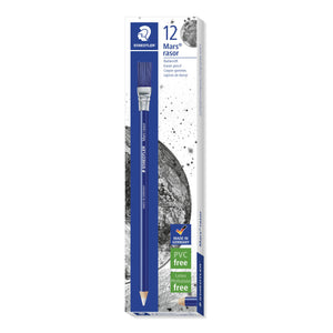 Staedtler box of 12 Mars rasor eraser pencils with a blue pencil and brush pictured on the front, moon artwork and Made in Germany, PVC free and Latex Phthalate free badges