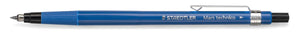 Side view of the Staedtler Mars technico 788 C leadholder, blue barrel with ribbed blue grip, black tip cone and metal clip