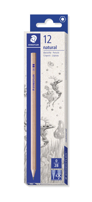 Current Staedtler box of 12 natural graphite pencils with a mushroom sketch design and the 0 / 2B degree tile