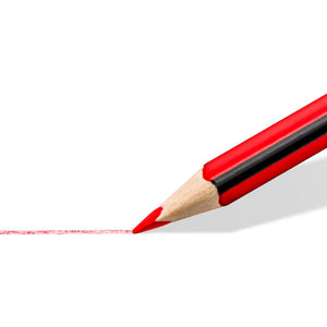 Close-up of a red Noris colour pencil tip drawing a short red line, Staedtler range photo of the pencil lead