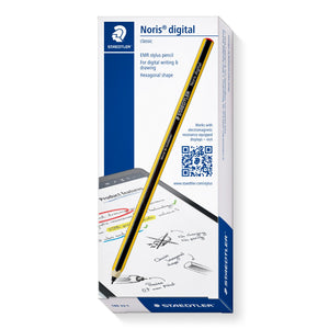 Staedtler Noris digital classic box in white and blue, EMR stylus pencil for digital writing and drawing, hexagonal shape, yellow and black stylus on the front
