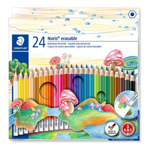 Current Staedtler Noris erasable box of 24 coloured pencils 144 50NC24, a fan of eraser-tipped pencils above a mushroom scene