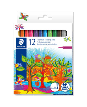Staedtler box of 12 fibre-tip pens 325 C12 with a colourful tree and butterfly illustration and the pen tops showing through the window