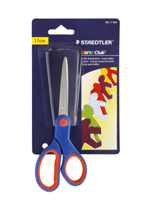 Earlier Staedtler Noris Club blister card for the 17cm hobby scissors with a chain of paper figures printed beside the blue and red scissors