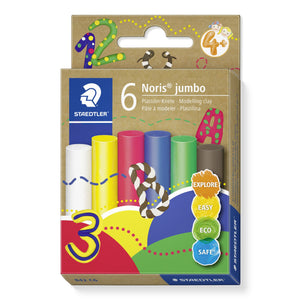 Staedtler Noris jumbo 842 C6 box of 6 modelling clay bars, kraft card pack with large printed numbers and white, yellow, red, blue, green and brown bars in a window
