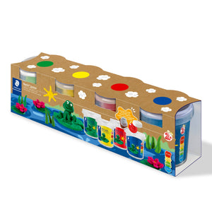Staedtler Noris junior modelling dough 813 SLE sleeve of four clear tubs in green, yellow, red and blue, frog and water lily artwork, note on cookie cutters in cup and lid, 2+ mark