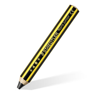 Single Staedtler Noris junior 2B pencil with a thick hexagonal barrel in yellow and black stripes and printed stars