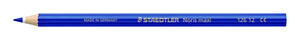 Single blue Staedtler Noris maxi learner coloured pencil 126 12 lying flat, barrel printed MADE IN GERMANY, STAEDTLER Noris maxi and 126 12, sharpened tip at left