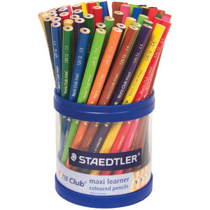 Blue Staedtler cup with a clear window labelled Noris Club maxi learner coloured pencils, filled with assorted maxi pencils standing point up