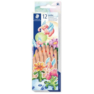 Staedtler box of 12 jumbo natural coloured pencils 1280N, flying pink elephants and flowers above twelve sharpened natural wood pencils