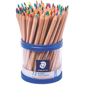 Clear Staedtler cup of 72 jumbo triangular natural coloured pencils 1280N KP72 with a blue lid and base and the Staedtler logo on the label