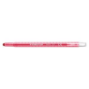 Side view of a red Noris 221 wax twister with a clear end cap, barrel printed STAEDTLER Noris 221, one of the 72 twisters in the cup