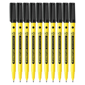 Ten Staedtler Noris writing pens in a row, yellow barrels with black caps and black STAEDTLER Noris writing pen bands