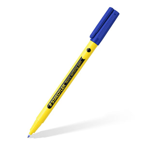 Noris writing pen shown at an angle with its cap posted, yellow barrel, pictured with a blue cap