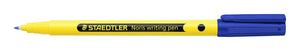 Blue capped Staedtler Noris writing pen with the cap removed, yellow barrel and fine plastic tip