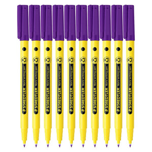 Ten Staedtler Noris writing pens in a row, yellow barrels with violet caps and black STAEDTLER Noris writing pen bands