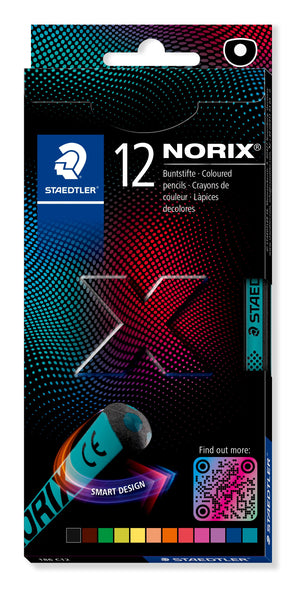 Staedtler NORIX box of 12 coloured pencils: black box with a red and blue X graphic, Smart Design badge and a colour strip along the bottom