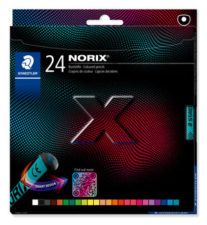 Staedtler NORIX box of 24 coloured pencils, square black box with the X graphic, Smart Design badge and a strip of 24 colour chips