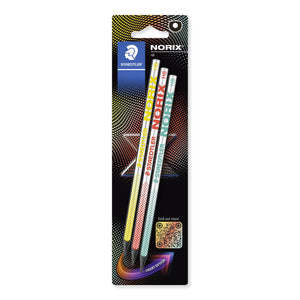 Staedtler NORIX blistercard with three black HB pencils in yellow, red and turquoise designs on a dark patterned card