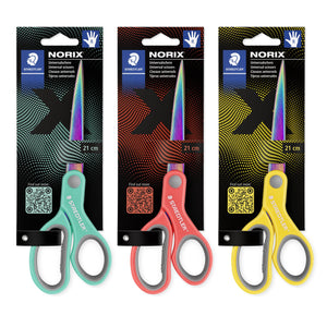 Three Staedtler Norix 21 cm scissors on black cards in French green, coral and yellow, each with a rainbow sheen blade