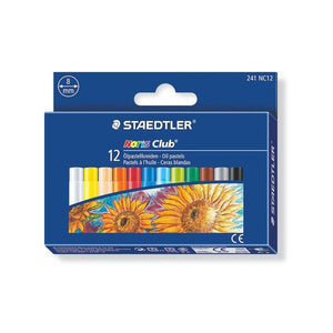 Staedtler Noris Club box of 12 oil pastels 241 NC12, blue box with a row of colours above a sunflower painting