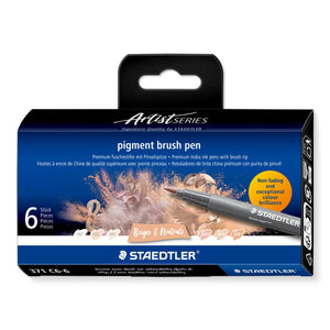 Staedtler pigment brush pen 371 C6-6 Beiges and Neutrals hanging box in the Artist Series design, a dusty rose pen across the front and six pale swatches below