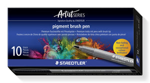 Staedtler Artist Series box of pigment brush pen 371 in intense black, front printed 10 Stück Pieces, end panel Art. Nr. 371-99, with a grey brush pen across the art