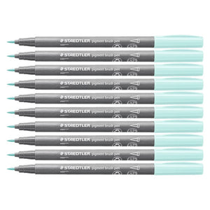 Ten Staedtler pigment brush pens in mint stacked side by side, grey barrels with white Staedtler print and mint caps, brush tips pointing left