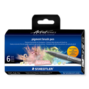 Staedtler Artist Series box of 6 pigment brush pens 371 C6-10 Pastel Colours, colour chips 105, 431, 21, 310, 530 and 840 along the front