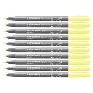 Ten Staedtler pigment brush pens in 105 pastel yellow side by side, grey barrels with pale yellow caps and brush tips pointing left