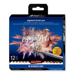 Staedtler Artist Series box of 12 pigment brush pens 371 C12-4 Portrait Colours, flamingo and parrot artwork with twelve colour chips along the front