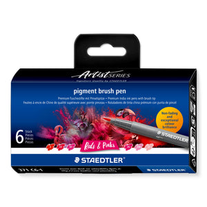 Staedtler Artist Series box of six pigment brush pens, Reds and Pinks, with flamingo and parrot artwork and six red to pink swatches numbered on the front