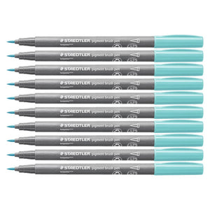 Ten Staedtler pigment brush pens in 35 turquoise side by side, grey barrels with bright turquoise caps and brush tips pointing left