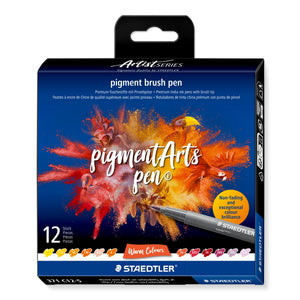 Staedtler Artist Series box of 12 pigment brush pens 371 C12-5 Warm Colours, orange and red splash artwork, twelve colour chips along the base