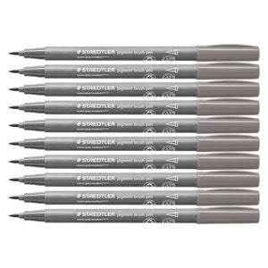 Stack of ten Staedtler pigment brush pens in 84 warm grey medium, mid grey caps on grey barrels with brush tips at the left