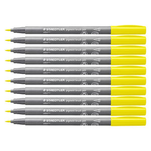 Ten Staedtler 371-1 pigment brush pens in yellow arranged in a neat stack, grey barrels, yellow caps and pointed tips on the left